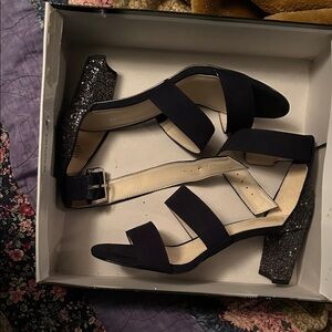 Nine West dark navy glitter block heel strapped shoe